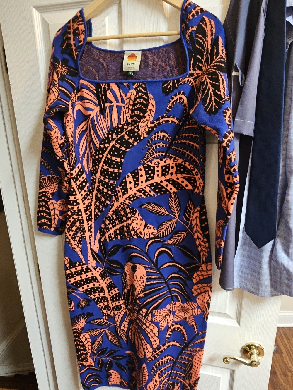 Farm Rio Blue & Coral Tropical Print Scoop Neck Dress